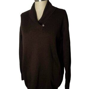 VTG Pria Sweater Womens Size L Brown V-Neck Collared Ribbed Knit Pullover Cotton